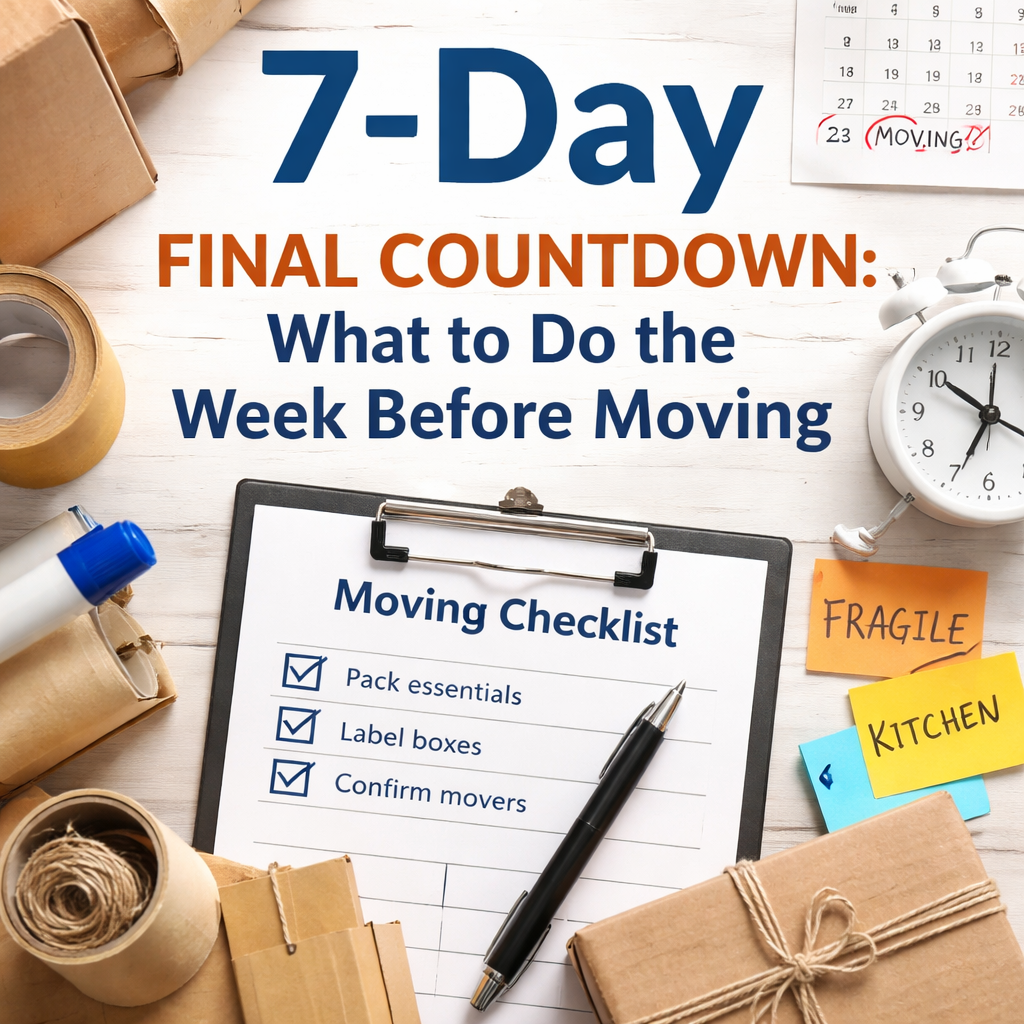 Flat lay photo of a moving checklist, packing supplies, calendar, and boxes used to illustrate the 7-day final countdown before moving.