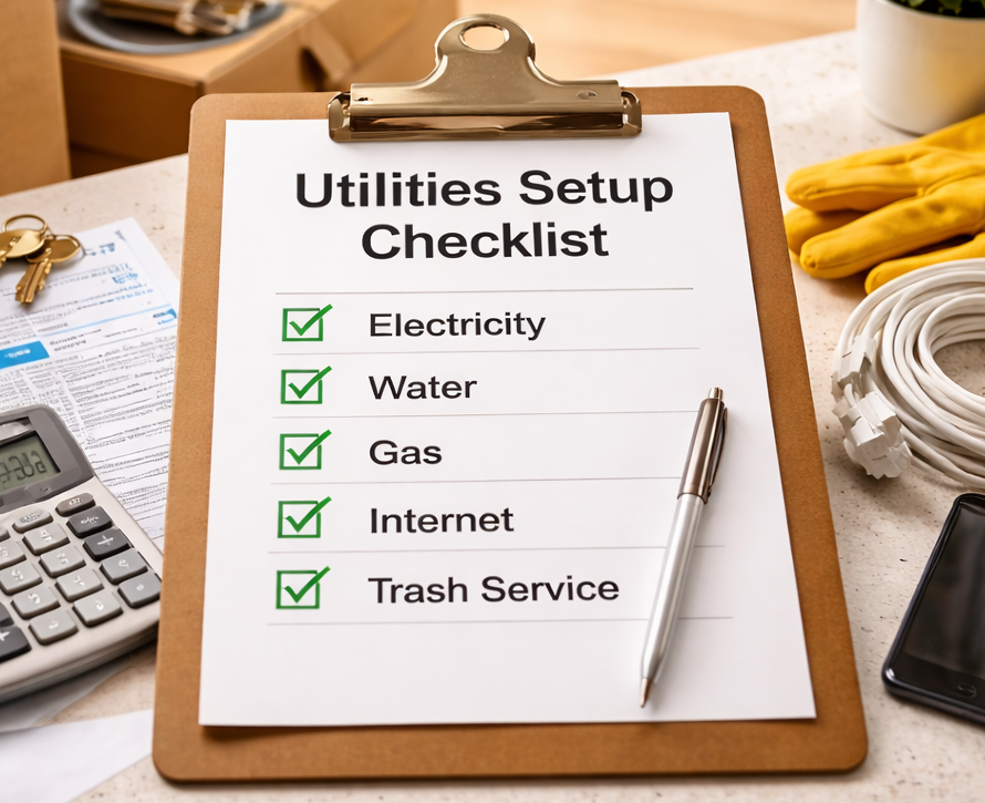 Utilities setup checklist showing essential services needed before move-in.