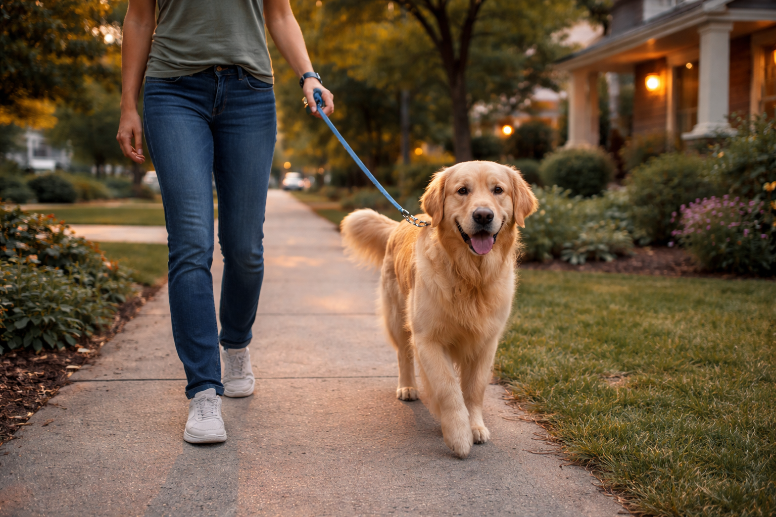 A person walking their dog in a neighborhood.