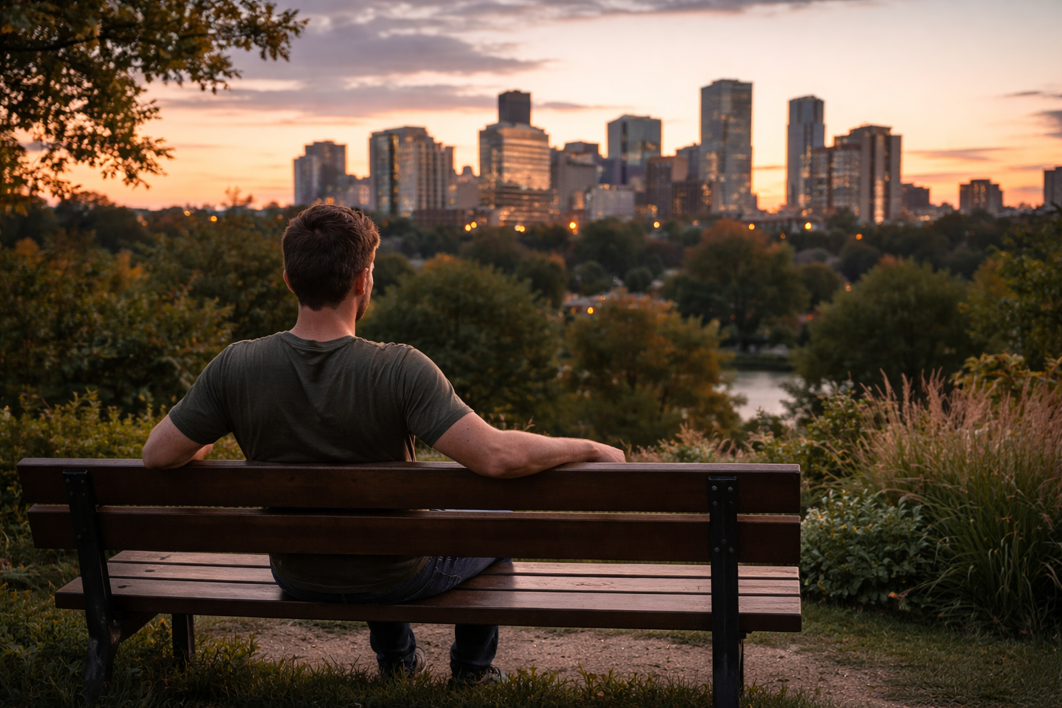 Man sitting down staring at the city skyline.