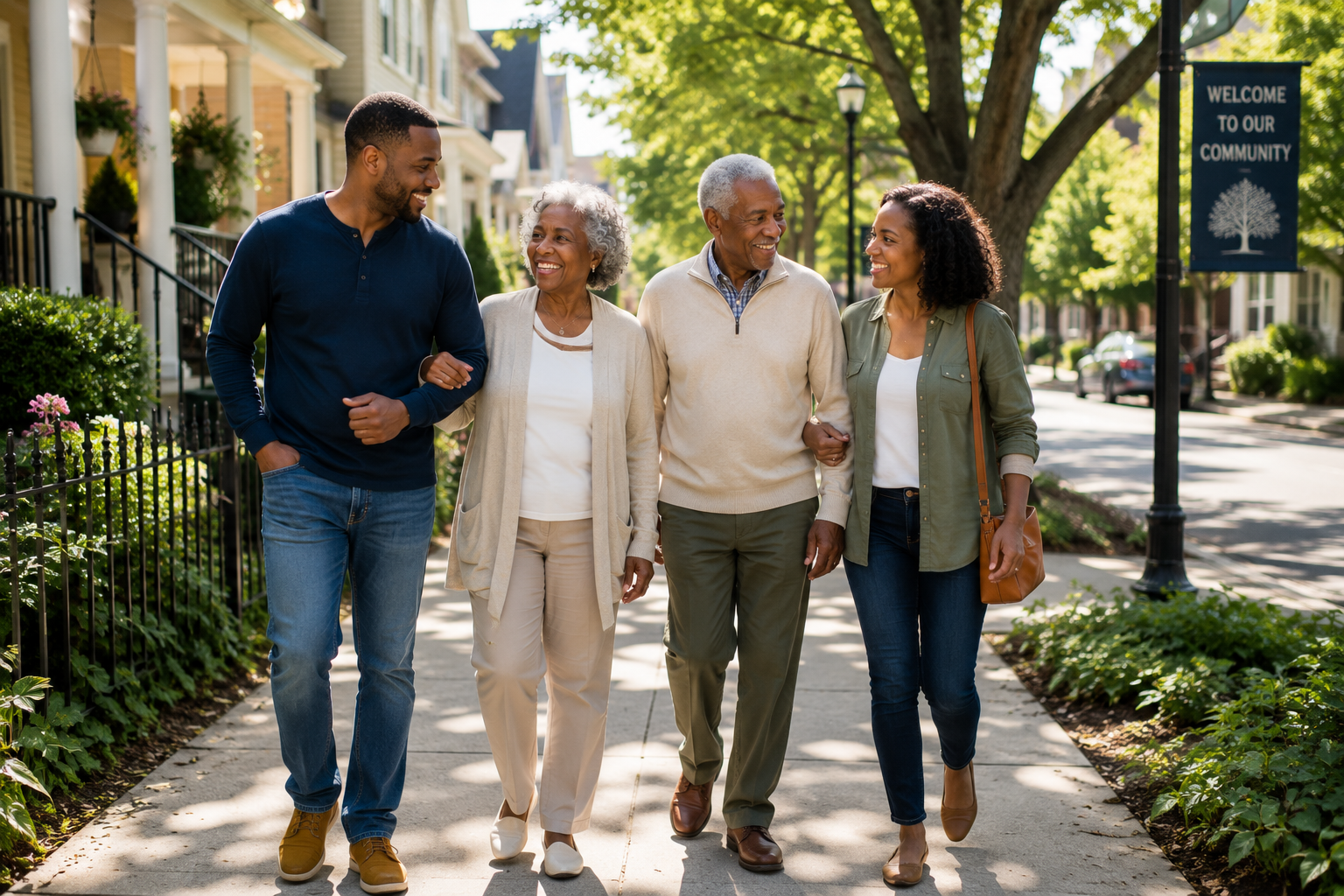 A young couple walking with aging parents after relocating.