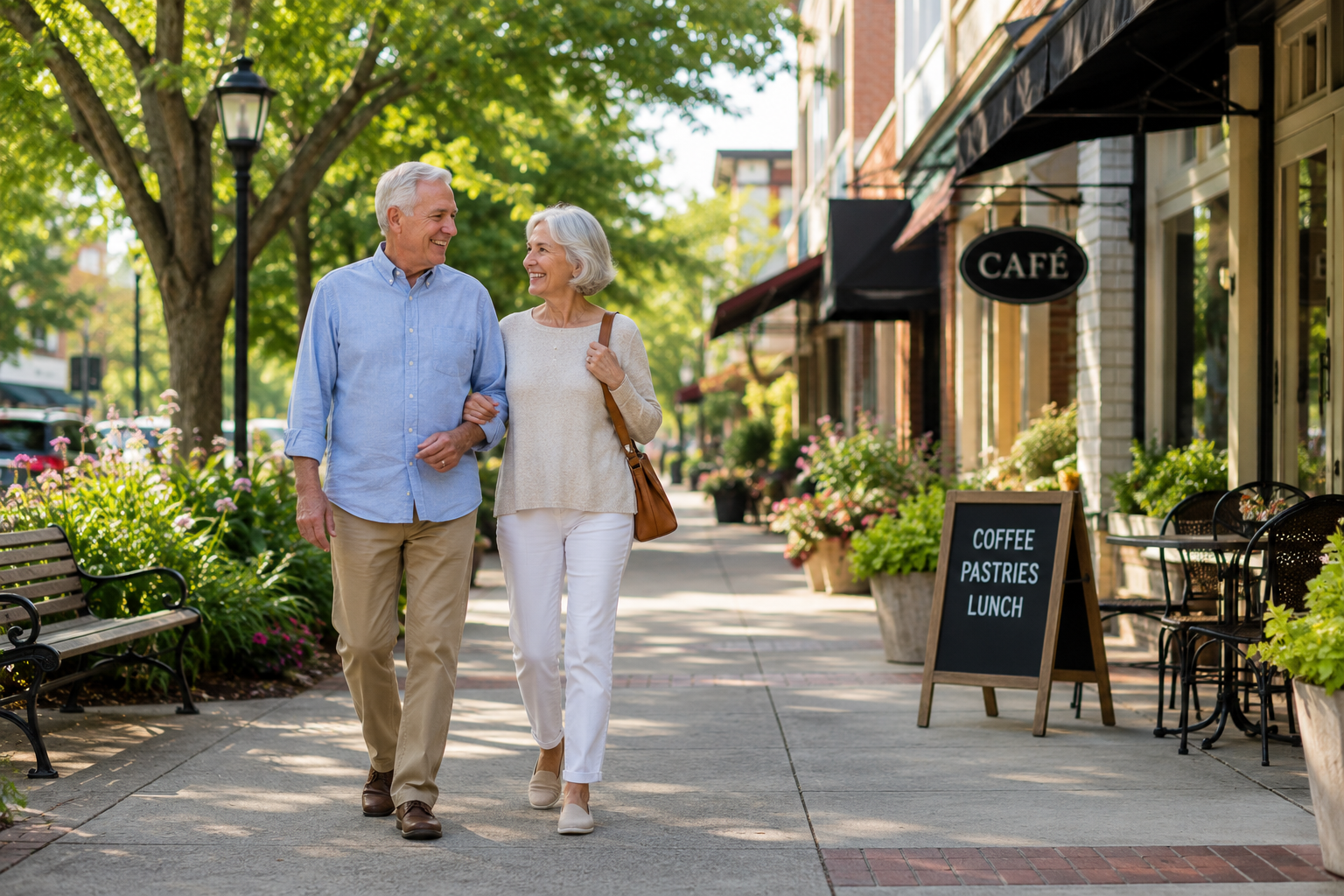 Retirement couple walking after relocating.