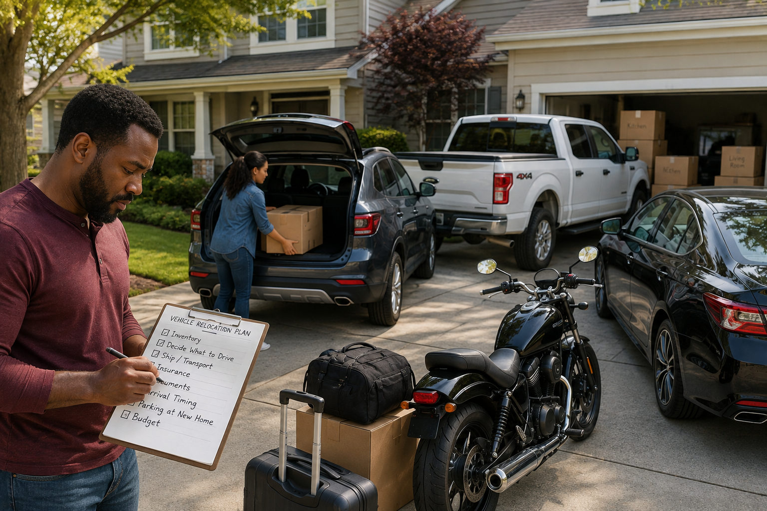 Couple discussing locating with multiple vehicles.